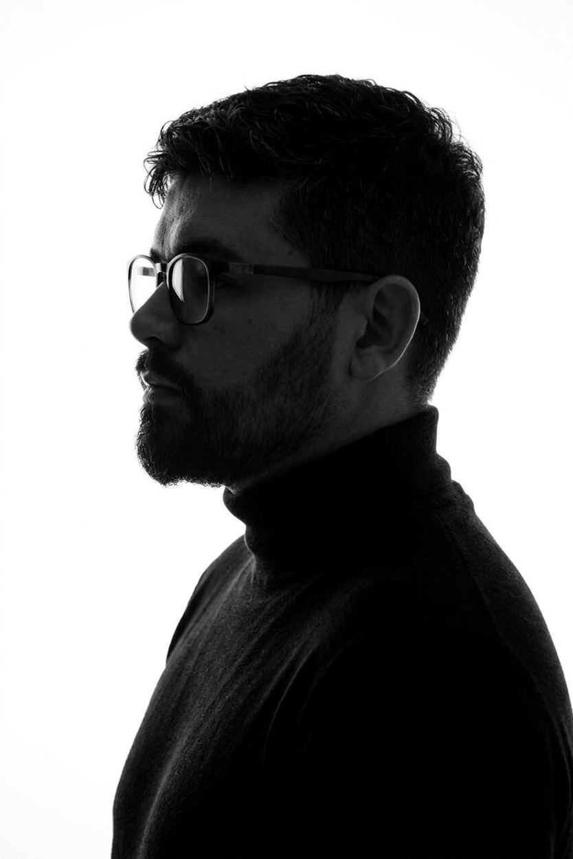 Perfil do Dr. Guilherme Rocha em preto e branco